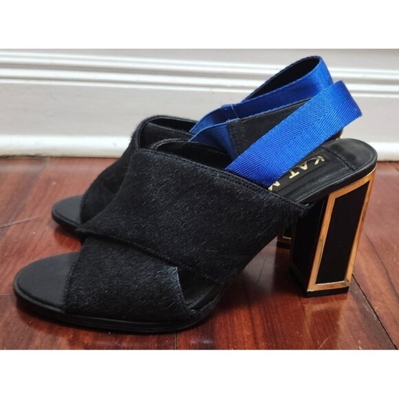 Kat Maconie Black Pony Hair Slingback Heels Gold Block Heel Blue Strap Sz 38 / 7 - Picture 7 of 14